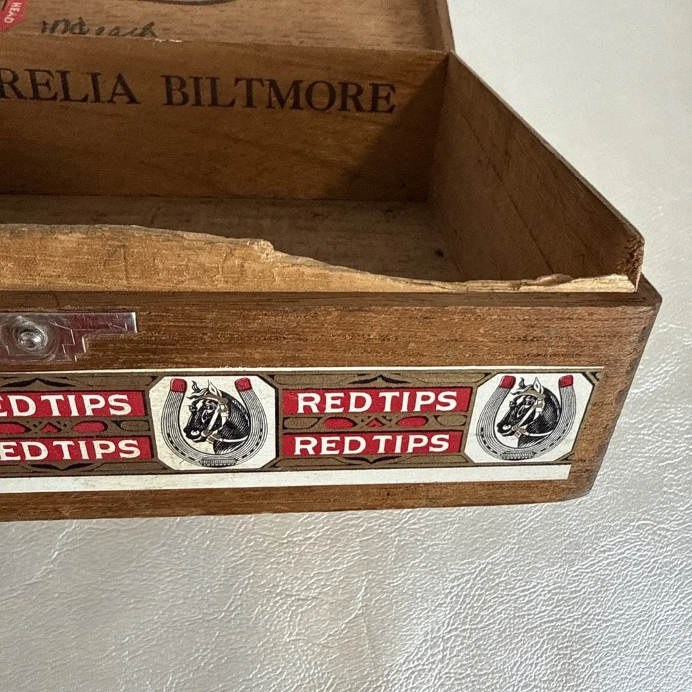 Red Tips Cigar Storage Box. Vintage Wooden. Metal Clasp.